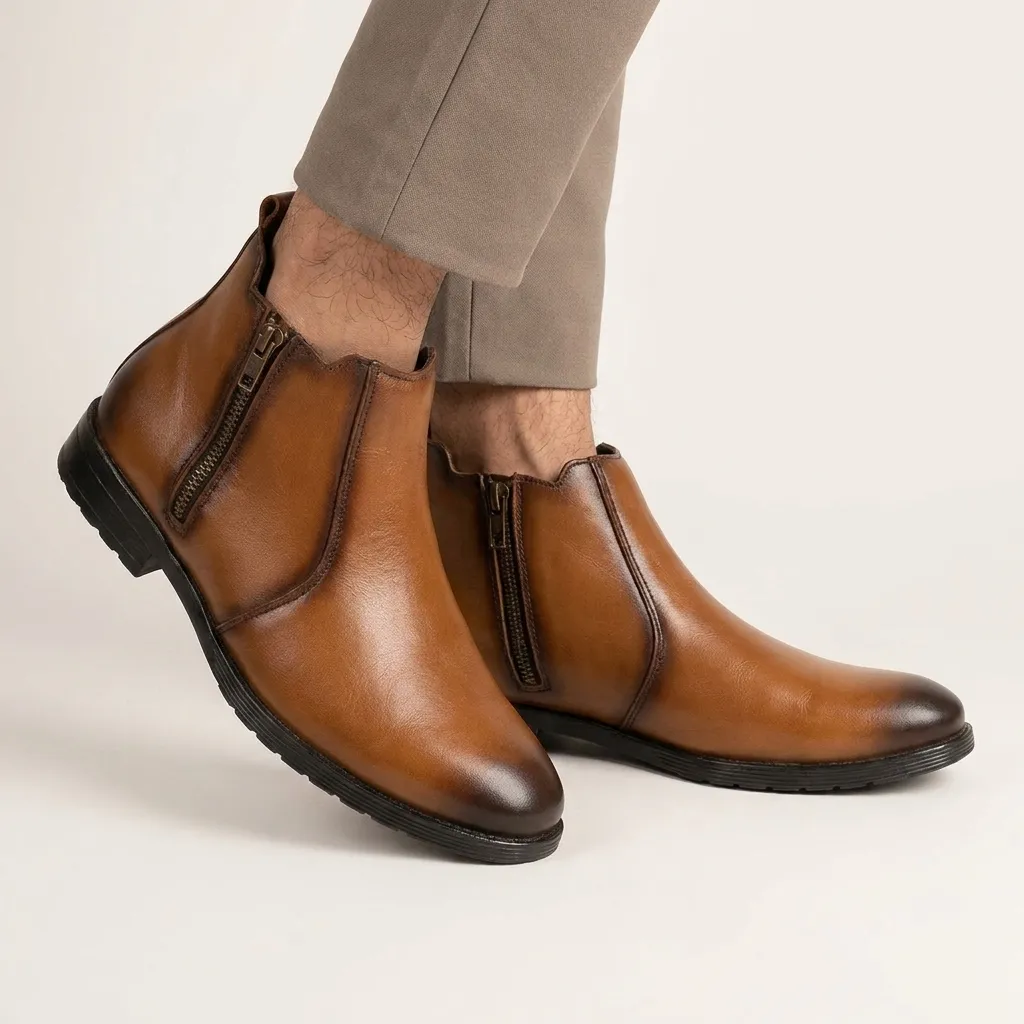 Premium Cow Leather Tan Chelsea Boot – Dual Side Zipper - Image 2