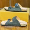 Olive Suede Double Buckle Slides for Men | Cork Sole Leather Sandals