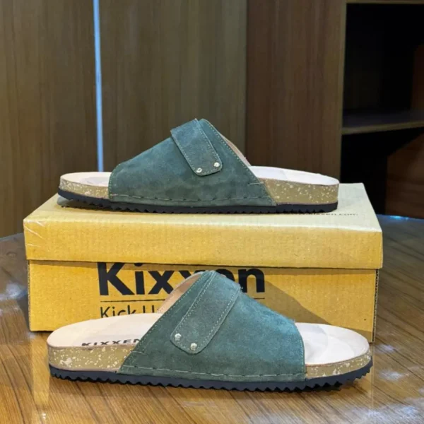 Minimalist Olive Suede Plain Slides | Genuine Leather Cork Sandals